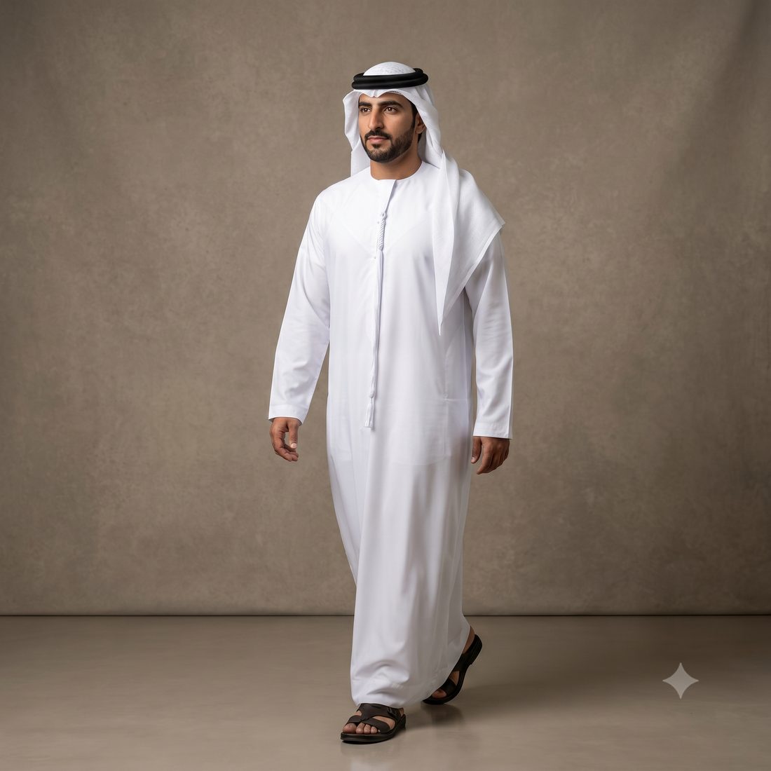 Man wearing a white Arabi-style kandura with white gutra and black agal