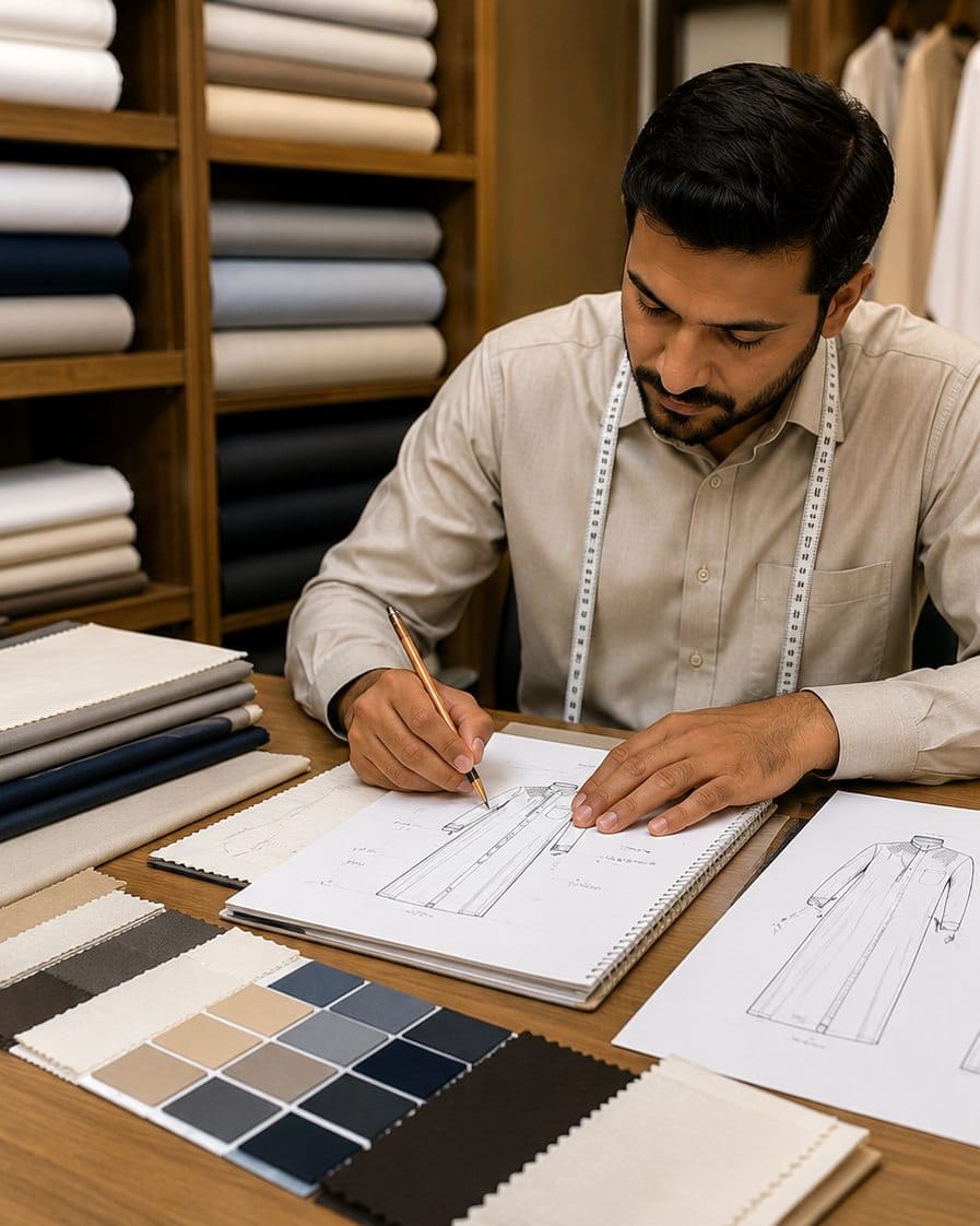 Designer sketching a kandura pattern beside fabric swatches