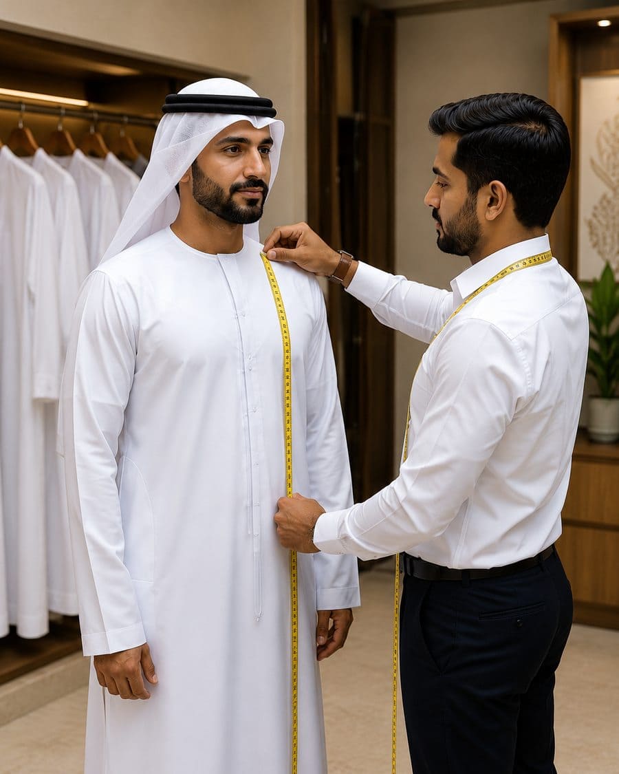 Tailor taking measurements for a custom kandura