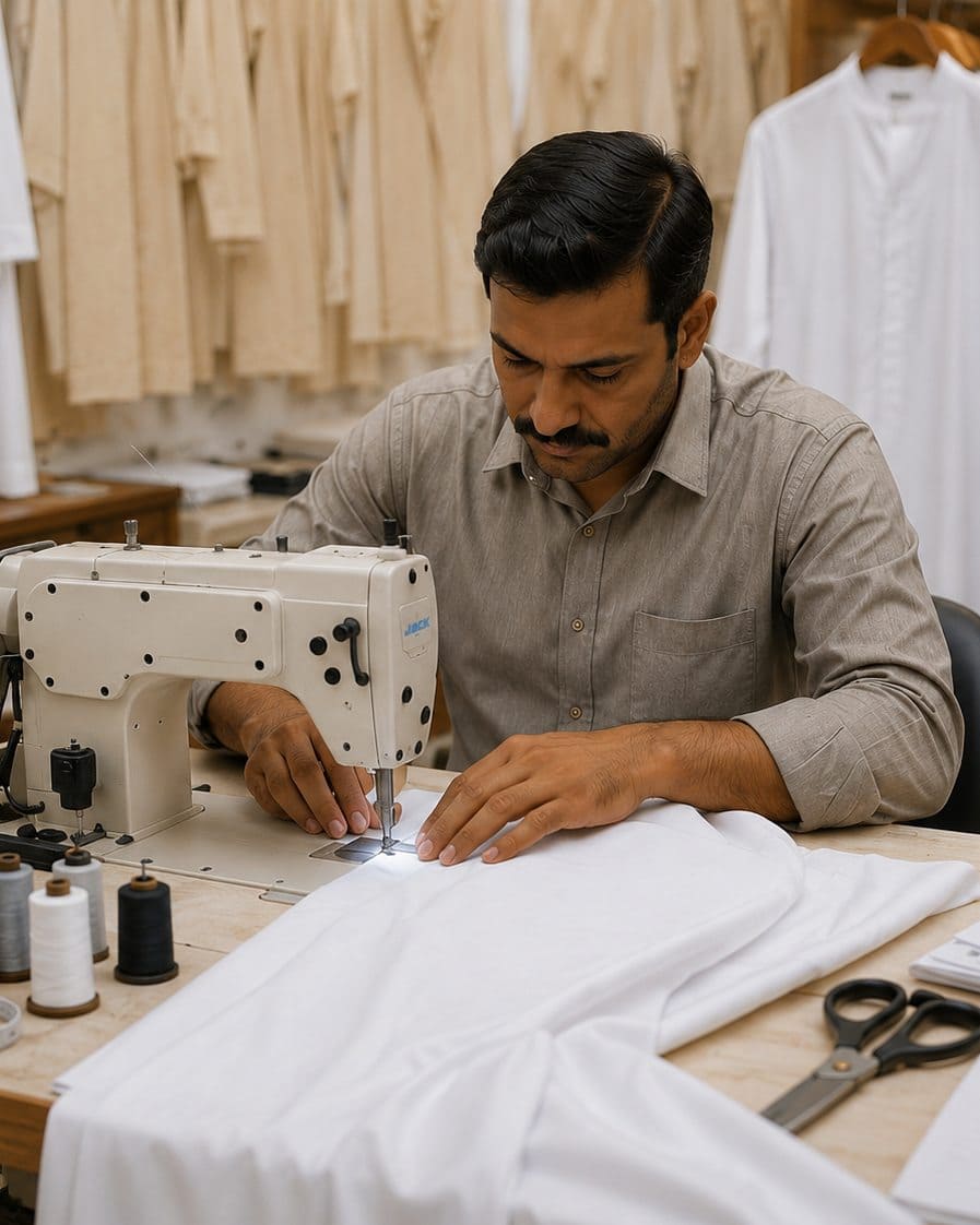 Tailor cutting and sewing a white kandura on a sewing machine